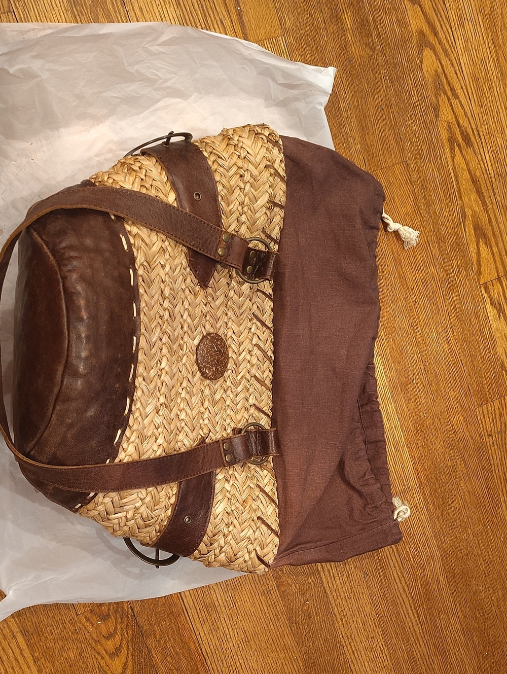 Bella Luna Boho Straw Basket Handbag Brown Leather Accent Vintage - Picture 9 of 16
